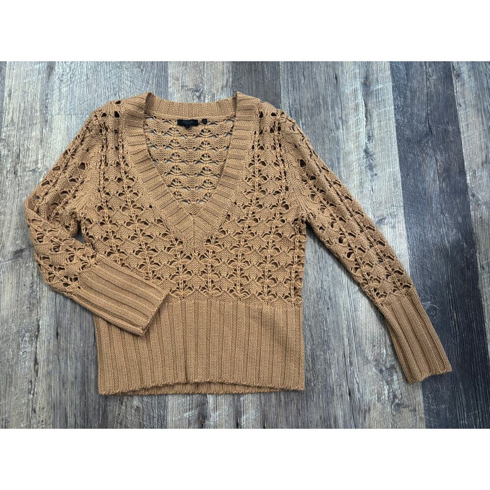 Gabriella Vicenza Womens‎ Camel Tan Open Knit Wool Blend V-Neck Sweater Small